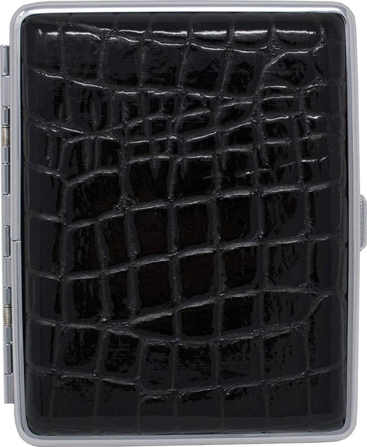 Black Faux Croco Leather Covered (Holds 20-100mm) Silver-tone Cigarette / Card Case QGM4999