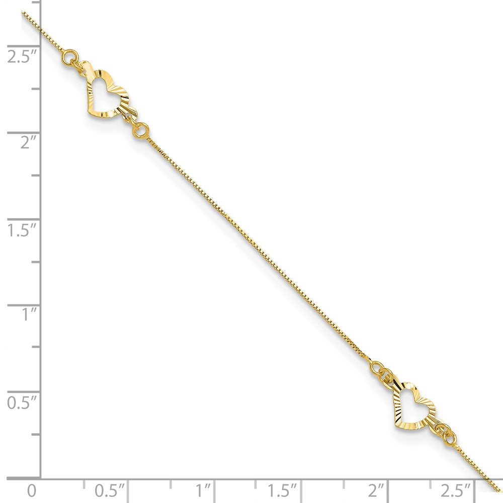 14k Diamond-cut Heart 10in Plus 1in ext. Anklet