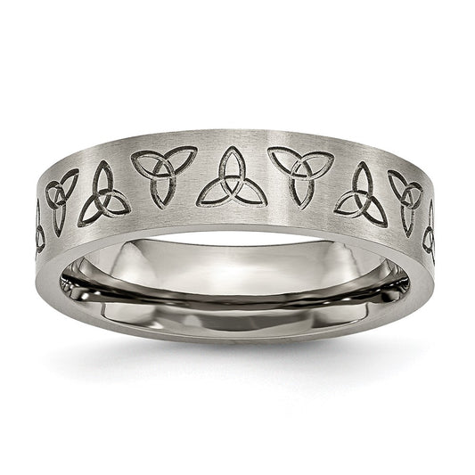 Titanium Brushed 6mm Trinity Symbol Flat Band Size - 10