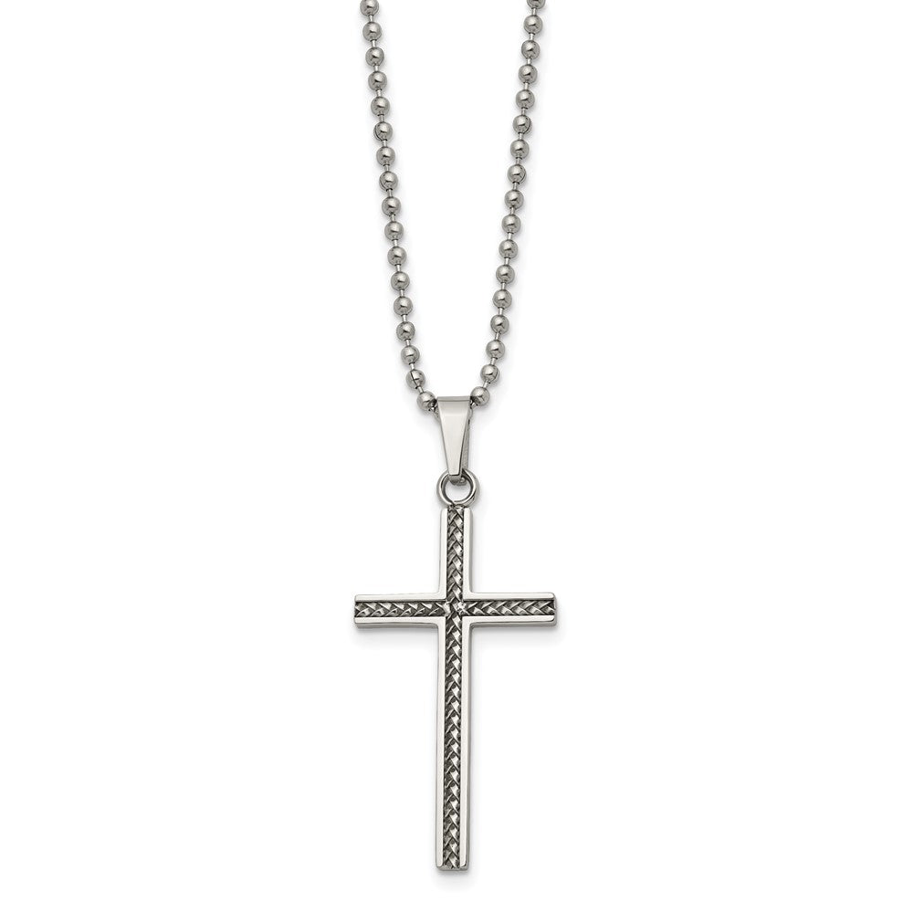 Stainless Steel Polished and Textured Cross 20in Necklace