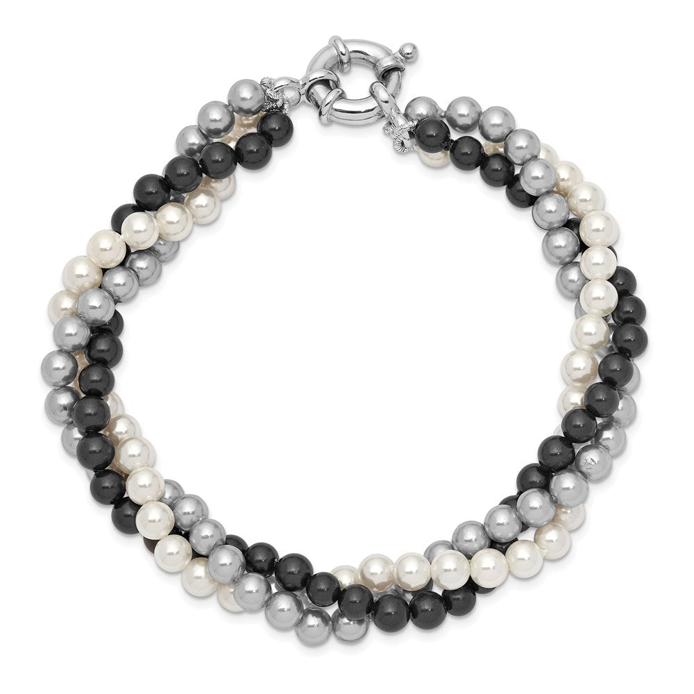 Majestik Sterling Silver Rhodium-plated 3 Row 4-5mm White Grey Black Imitation Shell Pearl Hand-knotted Bracelet 7.5 inches