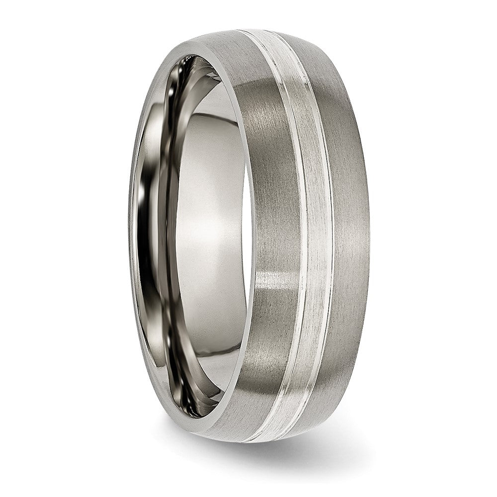 Titanium Brushed/Polished w/Sterling Silver Inlay 7mm Grooved Band Size - 6.5