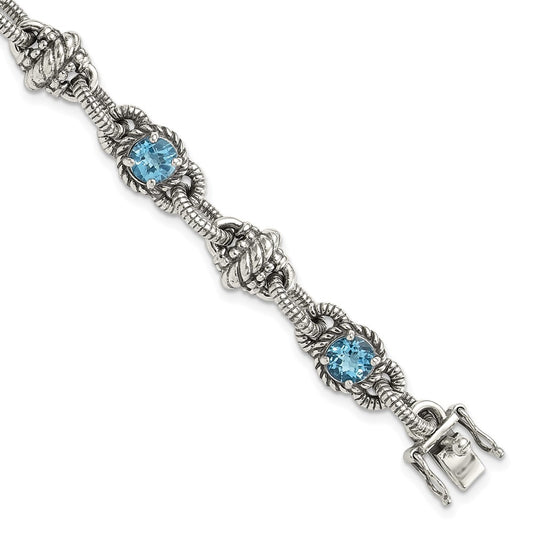 Shey Couture Sterling Silver Antiqued 7.75 Inch Round Swiss Blue Topaz Bracelet 7.75 inches
