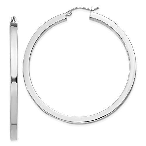 Sterling Silver Rhodium-plated 3x50mm Square Tube Hoop Earrings