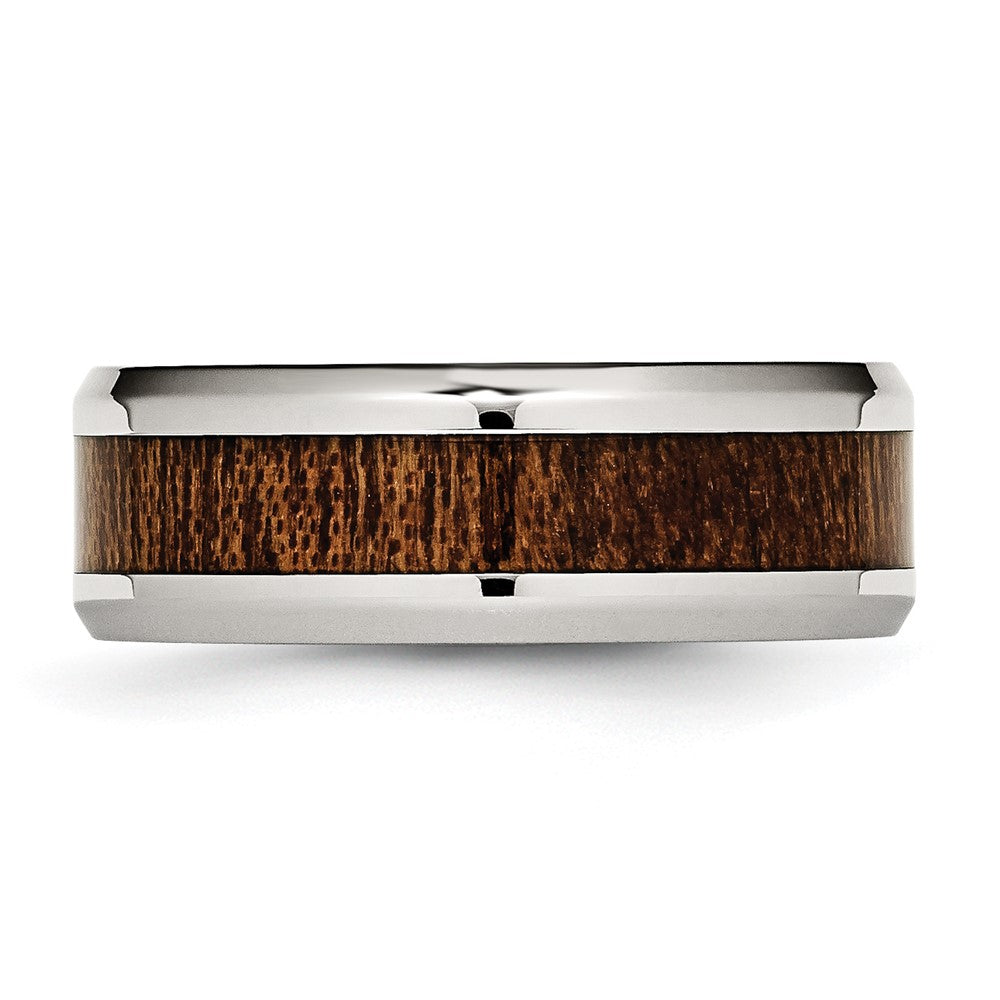 Stainless Steel Polished Brown Koa Wood Inlay Enameled 8mm Band Size - 10.5