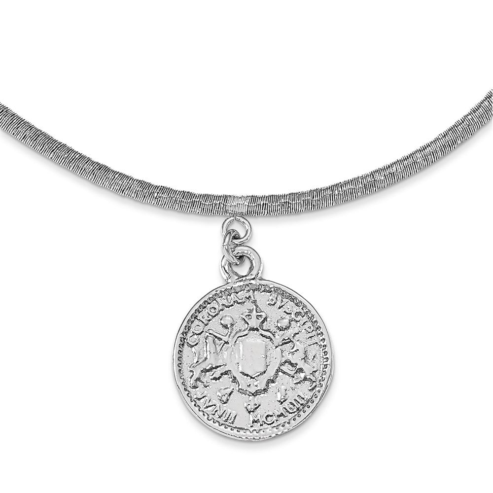 SS Rhod-plat Polished Elizabeth II Medal w/1.5 in ext. Necklace
