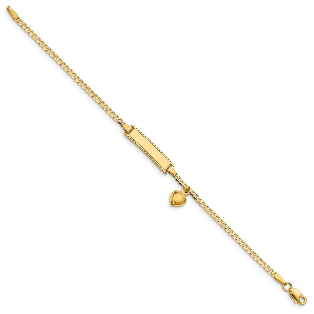 14k Polished Solid Chain/Solid Plate Heart Dangle Curb Link 21x5mm Plate 5.5 inch Baby/Child ID Bracelet