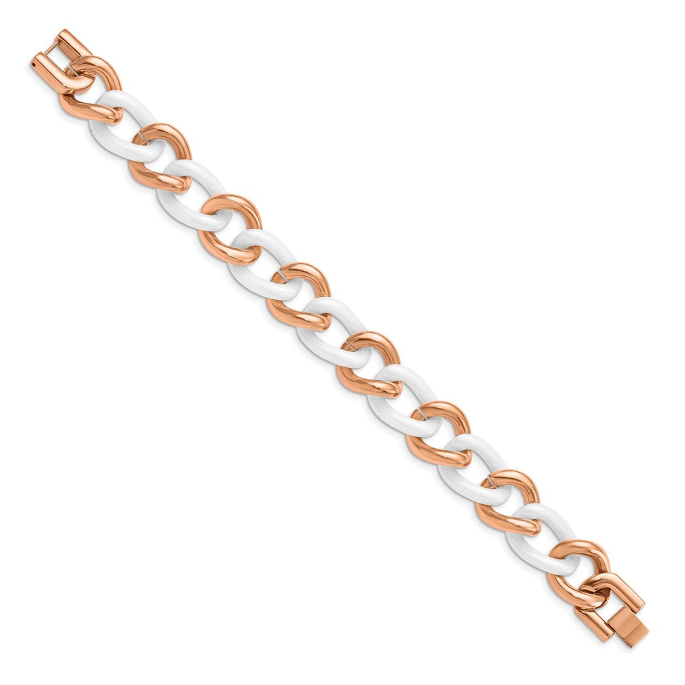 Stainless Steel Polished Rose IP w/White Ceramic w/8.5ext Bracelet 7.25 inches