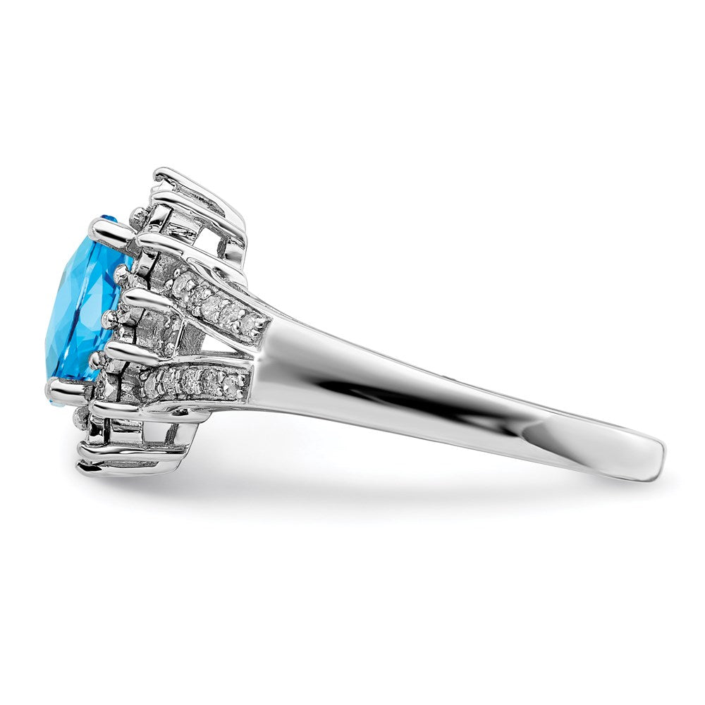 Sterling Silver Rhodium Diam. & Oval Checker-Cut Blue Topaz Ring