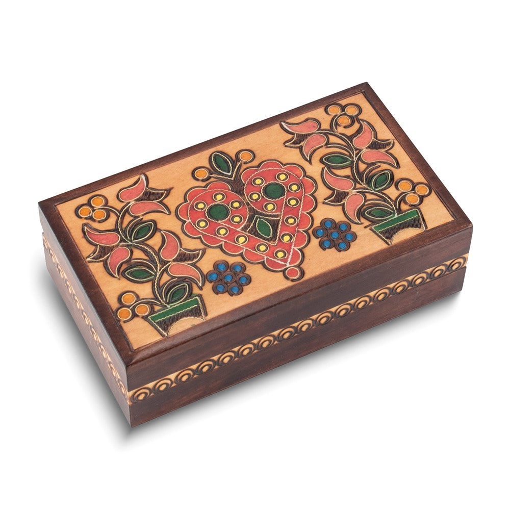 Handcrafted Solid Wood Brass Heart with Flowers Carved and Painted Keepsake Box