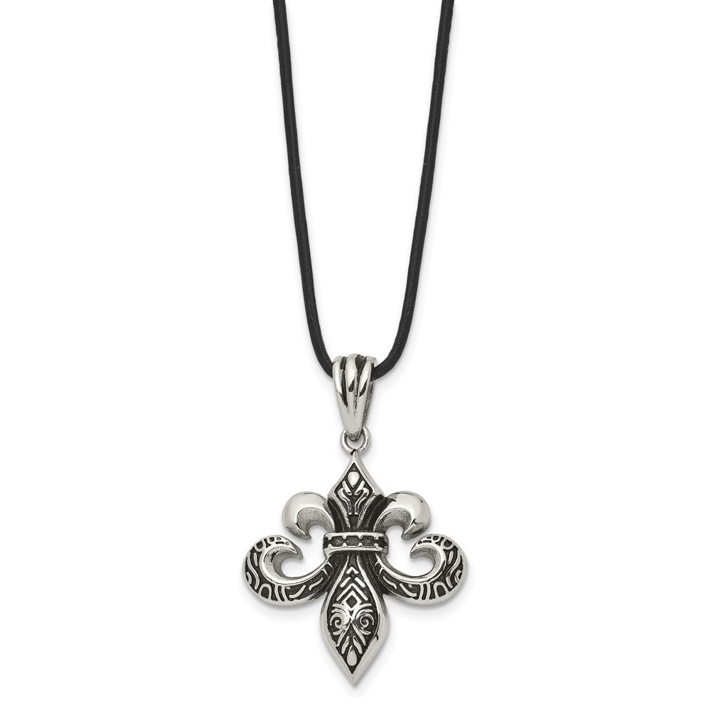 Stainless Steel Antiqued and Polished Fleur de lis w/Leather Cord Necklace