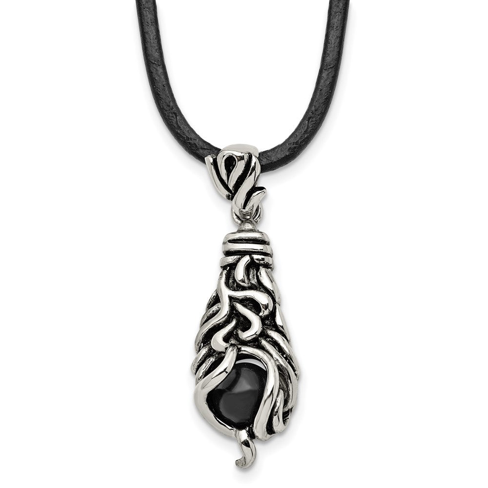 Stainless Steel Antiqued & Polished Moveable Black Agate 20 inch Necklace