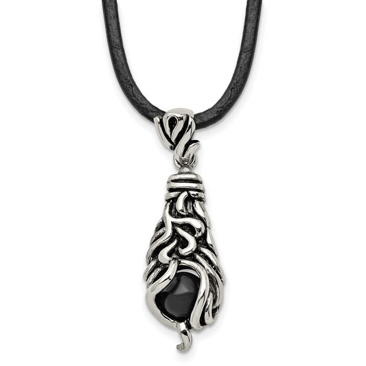 Stainless Steel Antiqued & Polished Moveable Black Agate 20 inch Necklace
