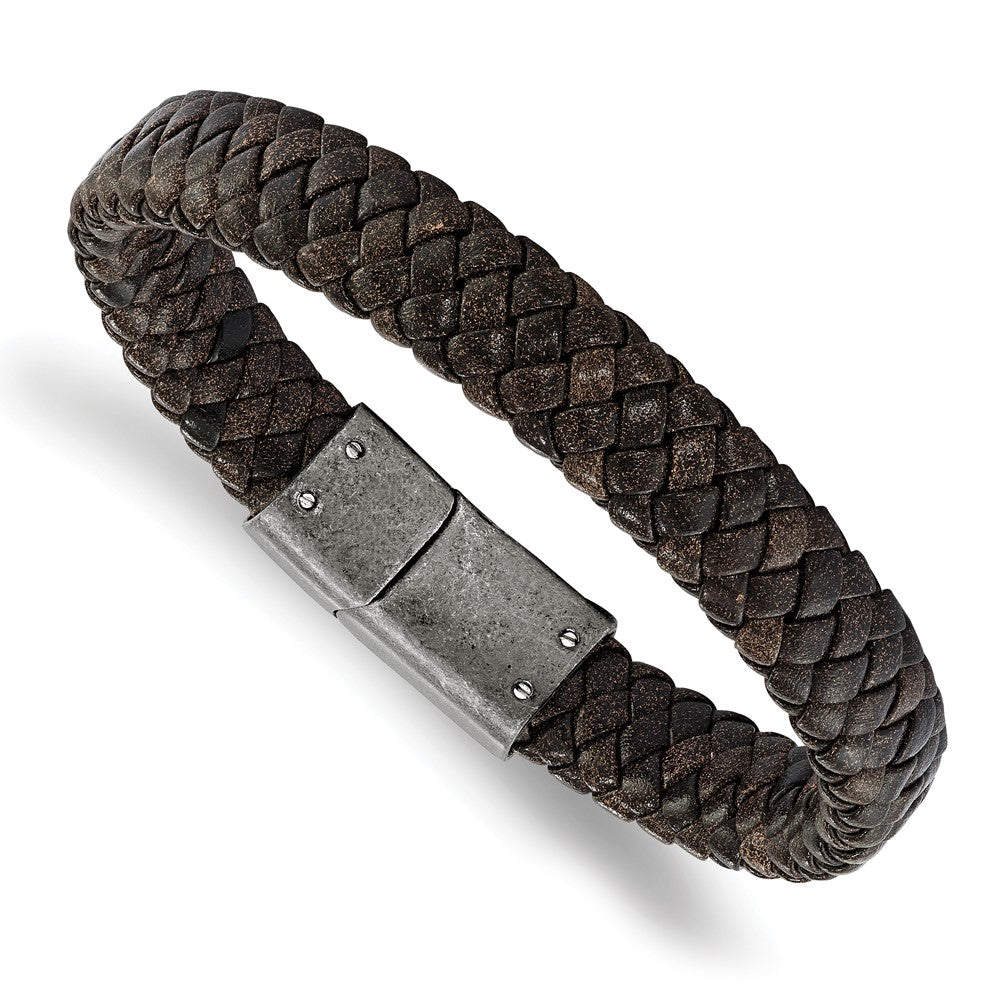 Stainless Steel Brushed Brown Braided Genuine Leather 8.25in Bracelet 8.25 inches