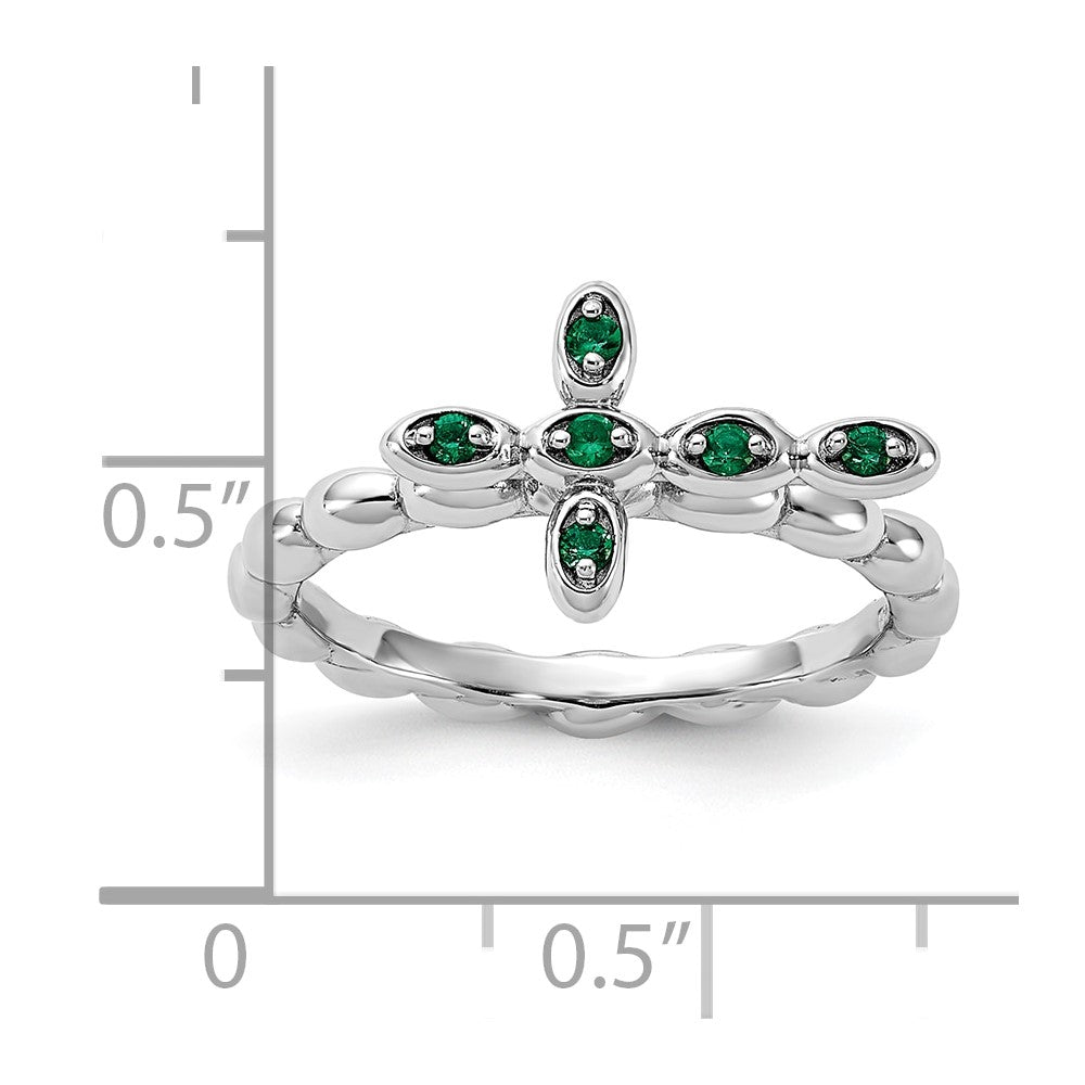 Sterling Silver Stackable Expressions Rhodium-plated Created Emerald Cross Ring Size -6