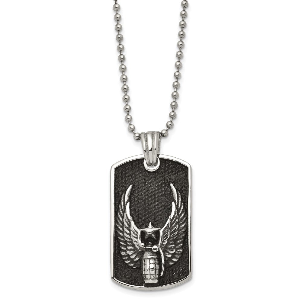Stainless Steel Antiqued & Polished Wings/Grenade Dog Tag 22in Necklace
