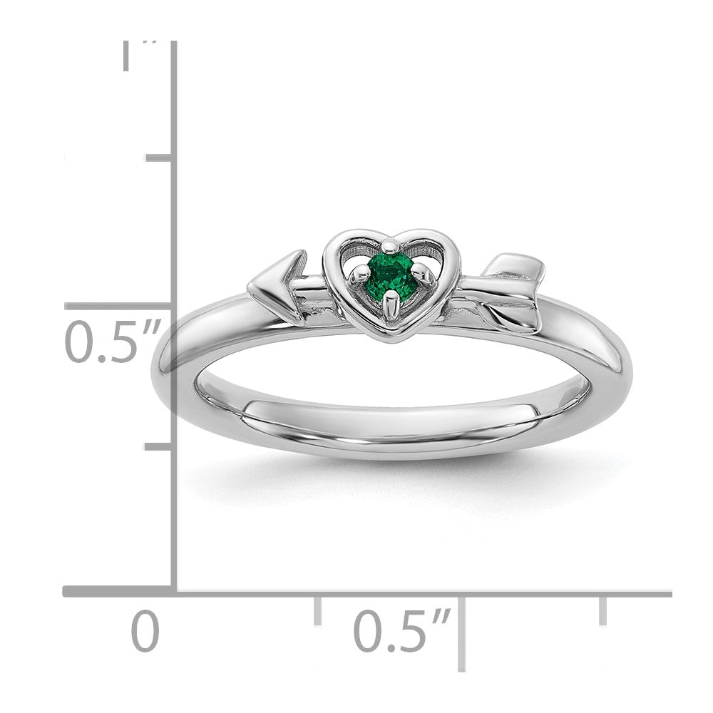 Sterling Silver Stackable Expressions Rhodium-plated Created Emerald Heart with Arrow Ring Size -5