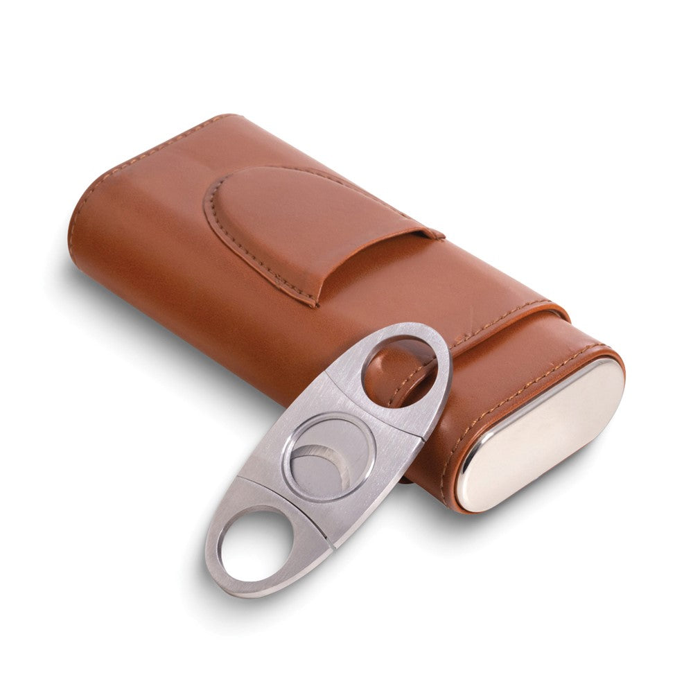 Brown Leather Three Cigar Holder with Stainless Steel Cutter Set