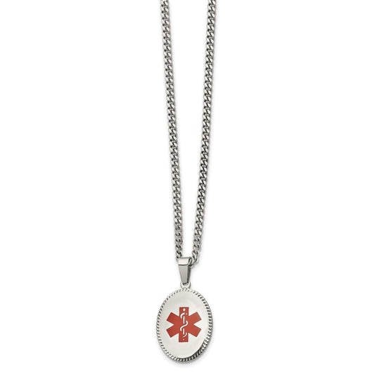 Stainless Steel Polished w/Red Enamel Oval Medical ID 20in Necklace