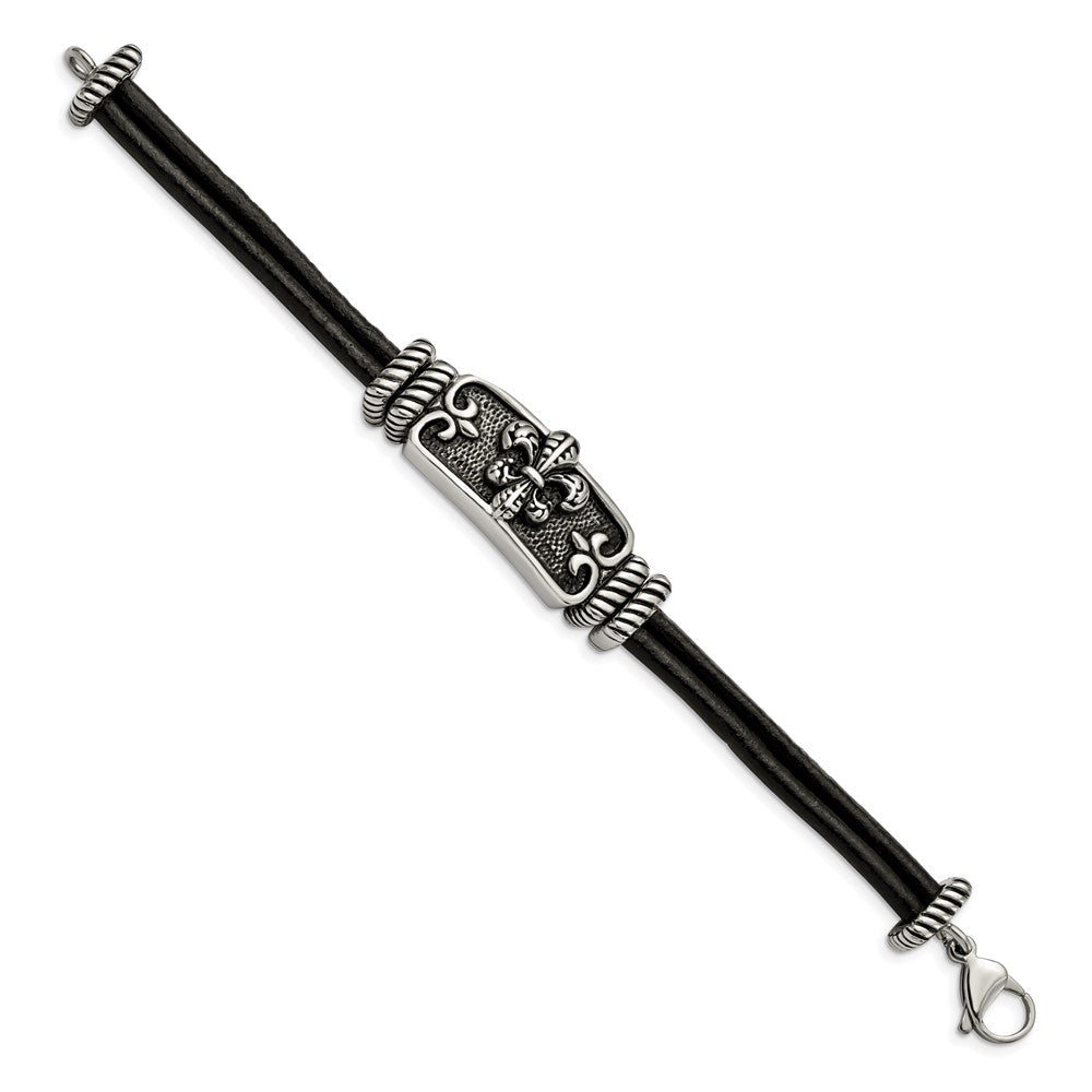 Stainless Steel Antiqued & Polished Fleur De Lis Black Leather Bracelet 8.5 inches