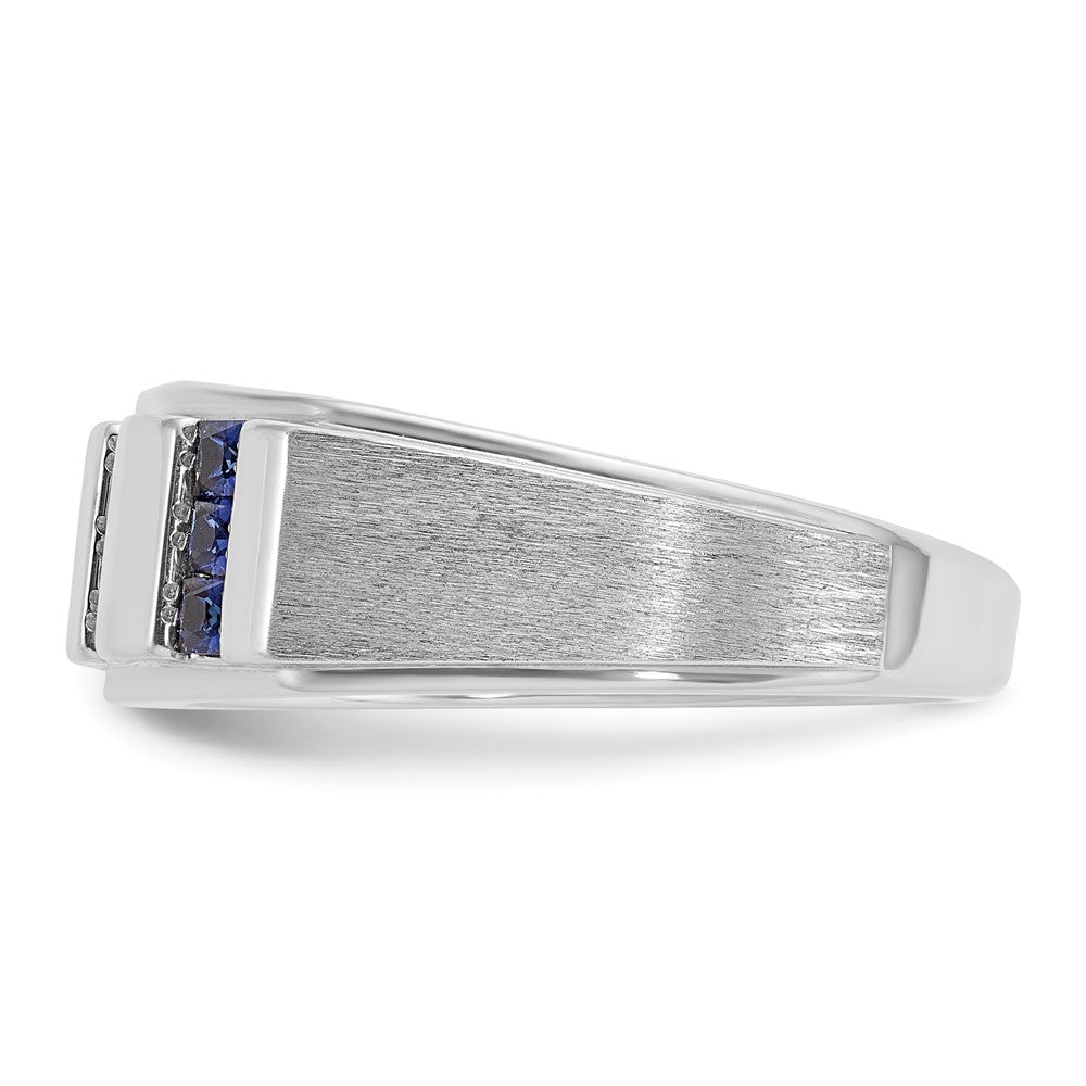 IBGoodman 14k White Gold Men's Polished and Satin 3-Row Lab Created Sapphire and 1/10 Carat AA Quality Diamond Ring Size 10