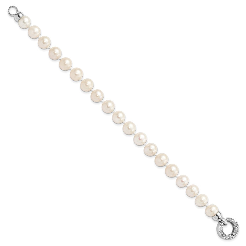 Sterling Silver Rhodium-plated 9-10mm White Near-Round Freshwater Cultured Pearl and CZ Fancy 7.5 inch Bracelet 7.5 inches