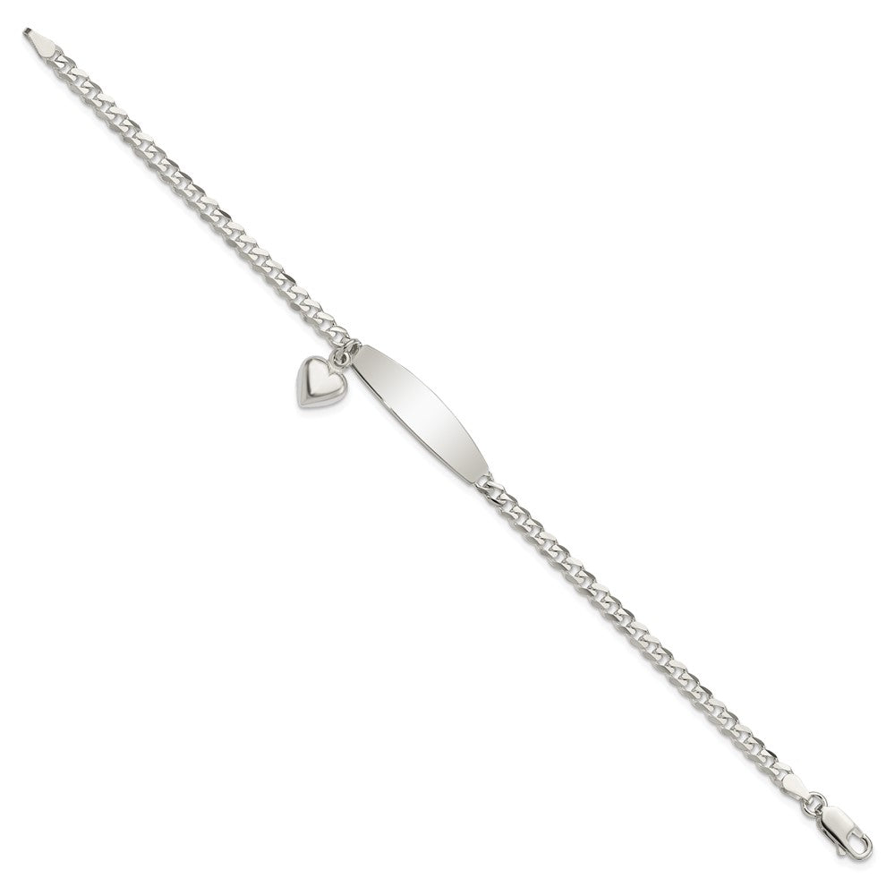 Sterling Silver Polished Curb Link ID Heart Dangle Bracelet 7.5 inches
