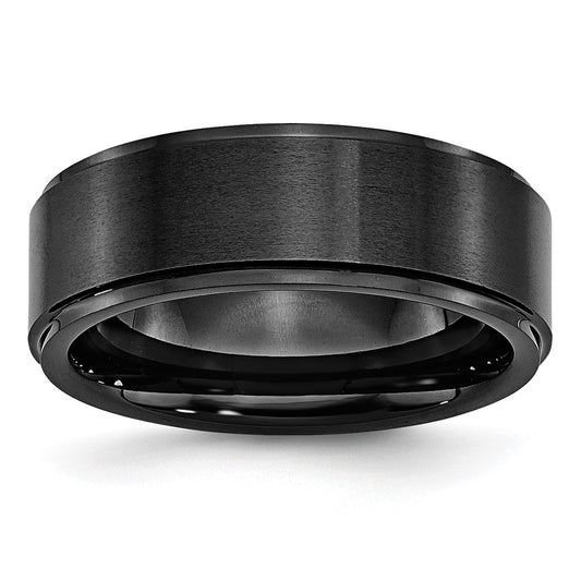 Black Ceramic Ridged Edge 8mm Brushed and Polished Band Size - 11.5