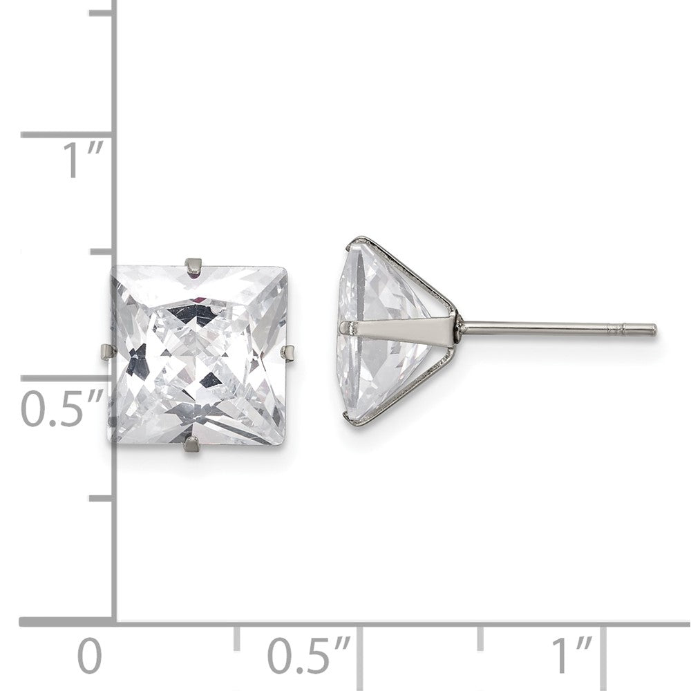 Stainless Steel Polished 9mm Square CZ Stud Post Earrings