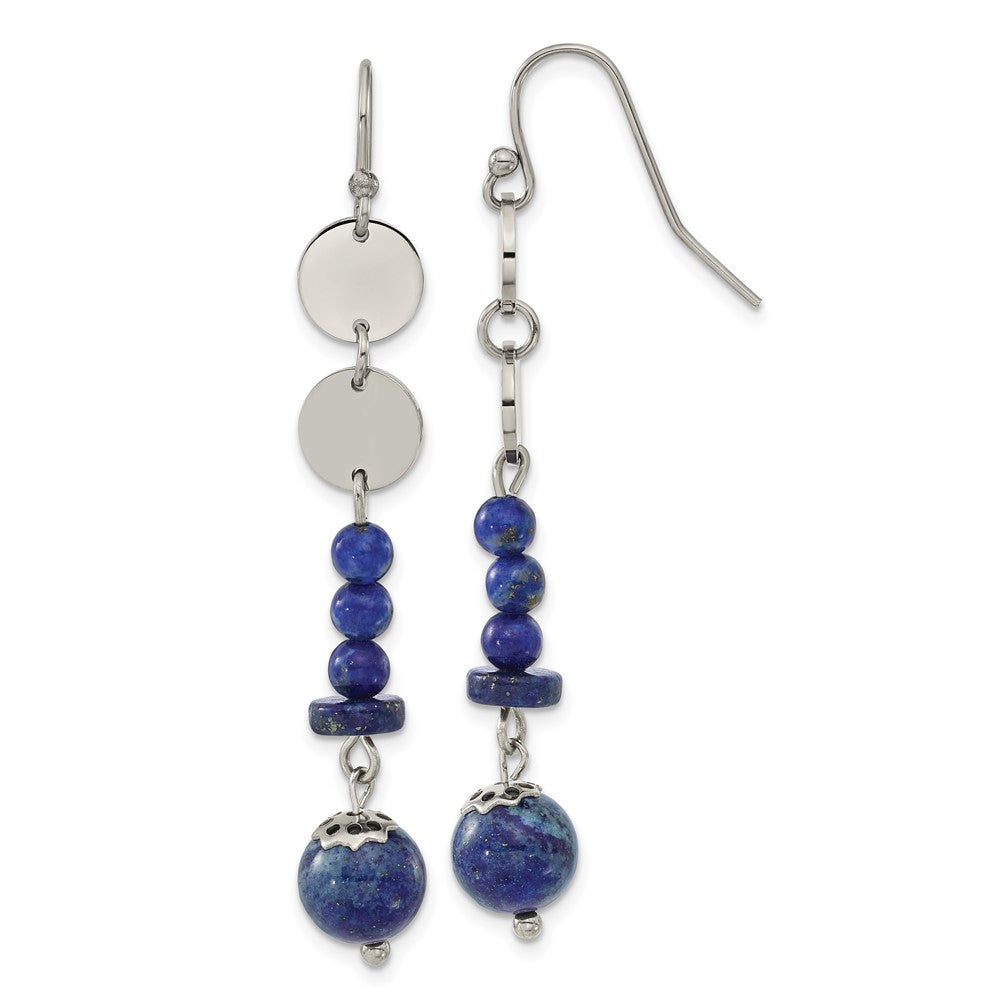 Stainless Steel Polished with Lapis Beads Dangle Shepherd Hook Earrings