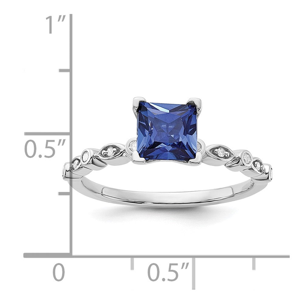 Sterling Silver Polished 6mm Cr Blue Sapphire and Diamond Ring