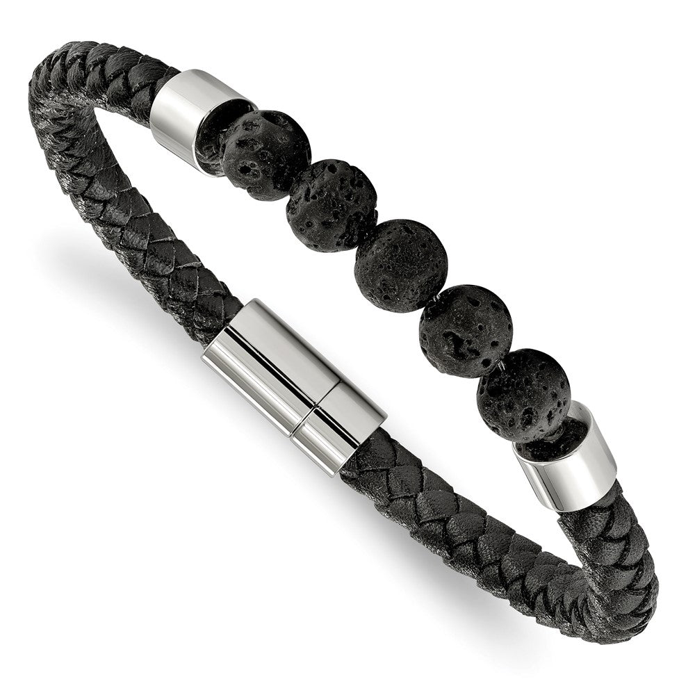 Stainless Steel Polished Black Leather w/Lava Stones 8.75 inch Bracelet 8.75 inches