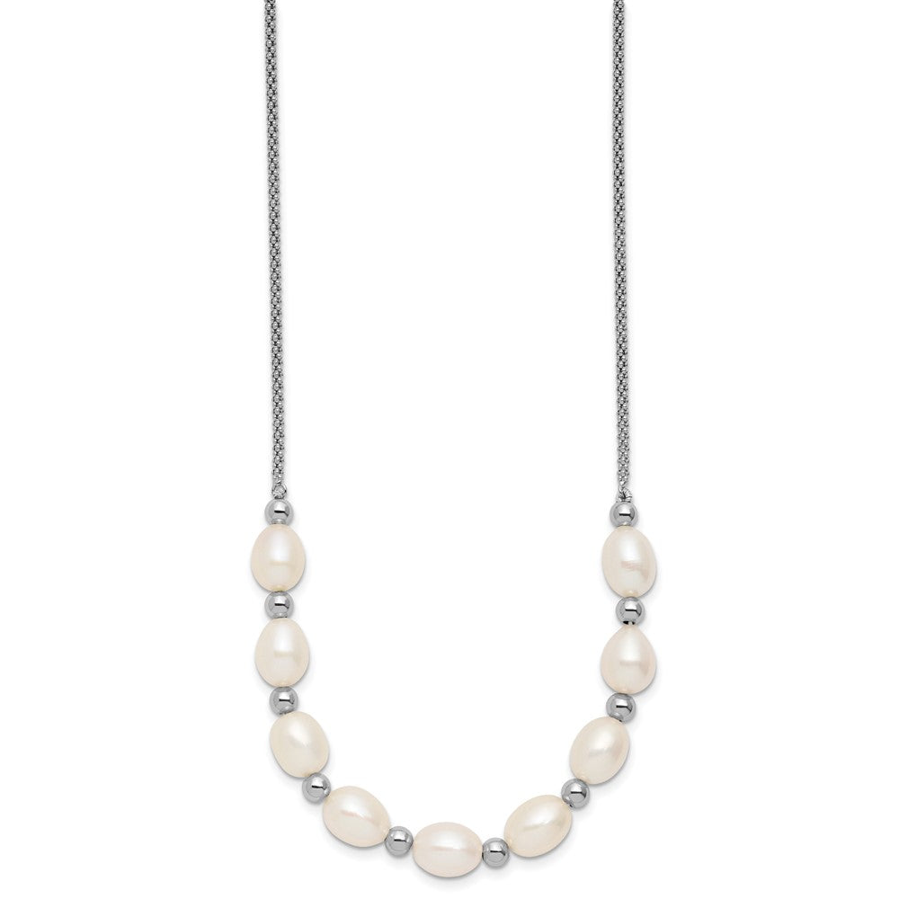 Sterling Silver Rhodium-plated Polished and Beaded 7-8mm Freshwater Cultured Rice Pearl 16 Inch with 2 Inch Extension Necklace