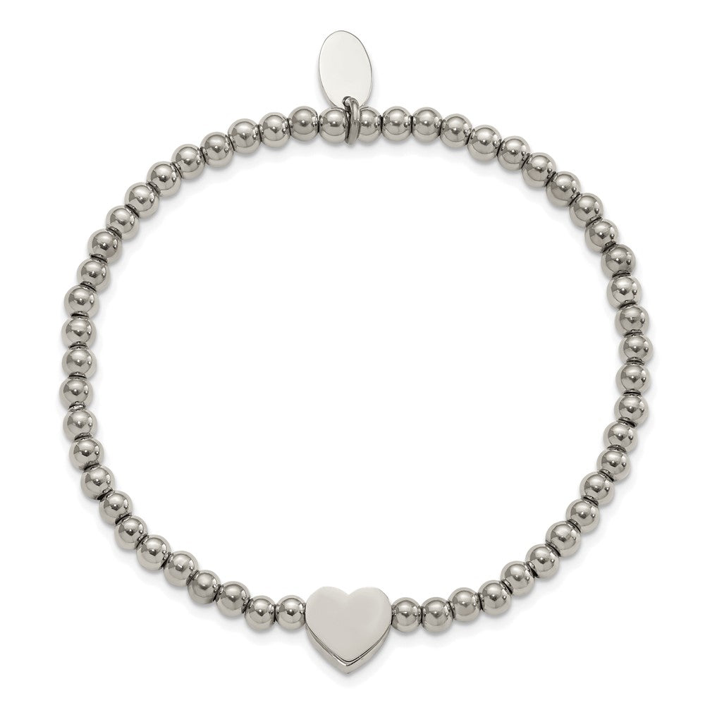Stainless Steel Polished Heart Beaded Stretch Bracelet 6.5 inches