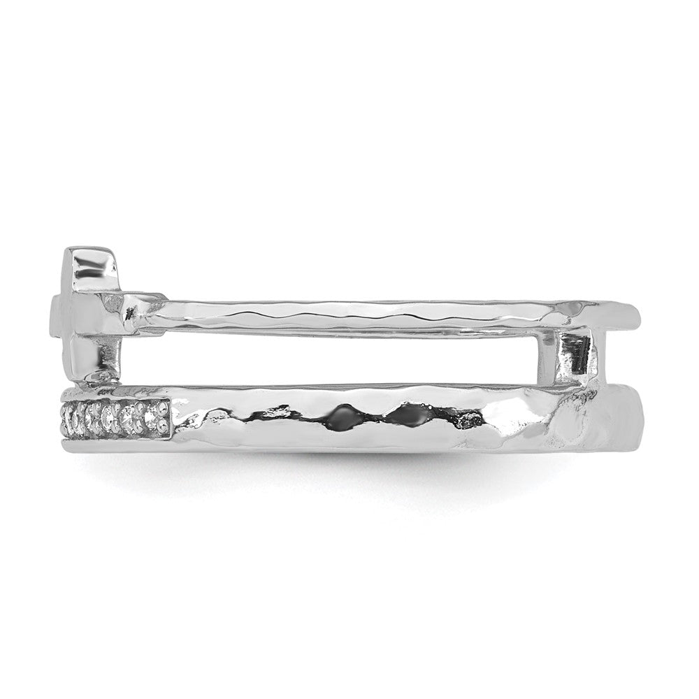 Sterling Silver Rhodium-plated Polished CZ and Hammered Cross Double Band Size 8 Ring