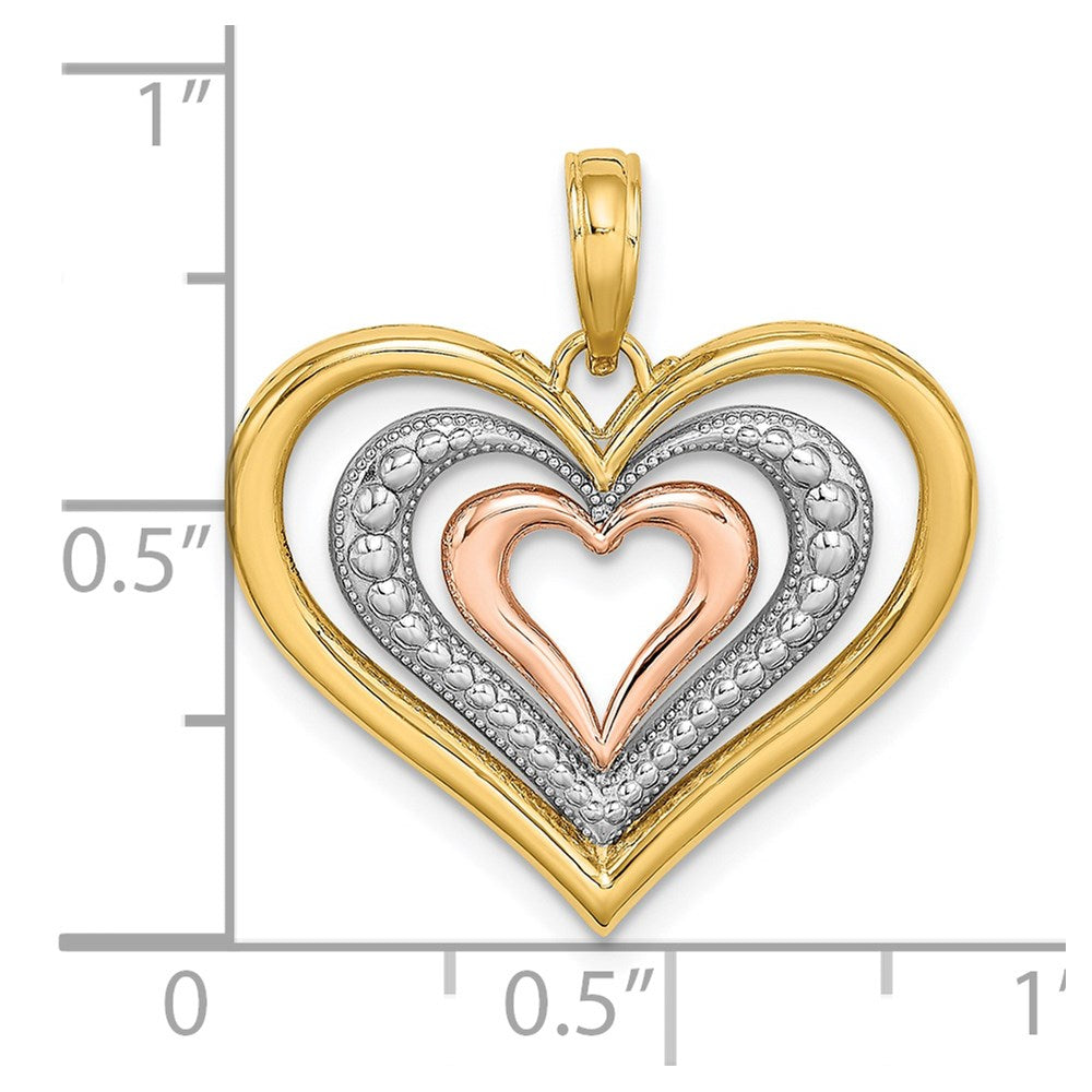 14k Two-tone White Rhodium Textured and Polished Triple Hearts Charm