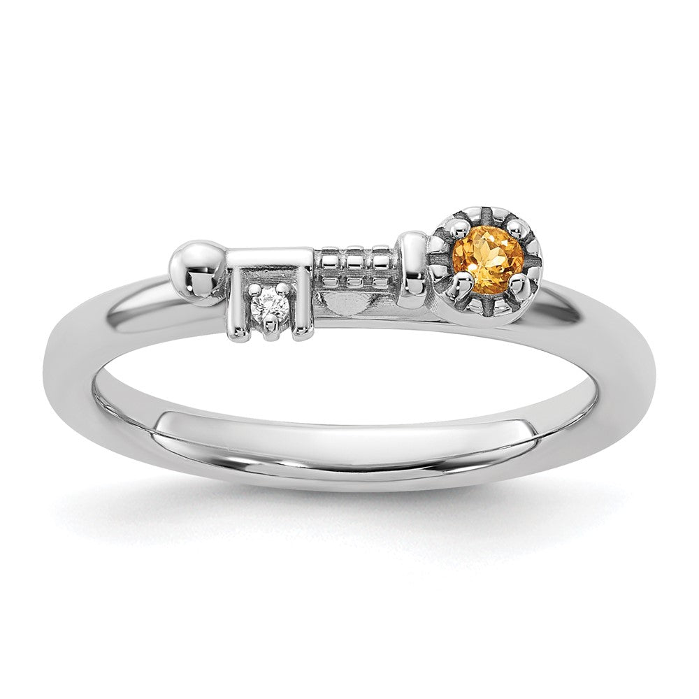 Sterling Silver Stackable Expressions Rhodium-plated Citrine and White Topaz Key Ring Size -8