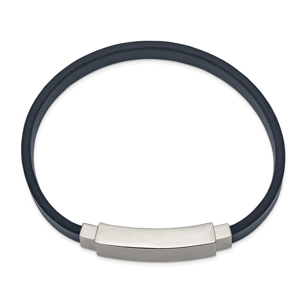 Stainless Steel Polished Navy Blue Leather 8.5in ID Bracelet 8.5 inches