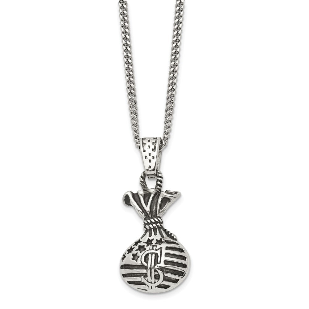 Stainless Steel Polished and Antiqued Money Bag 22in Necklace