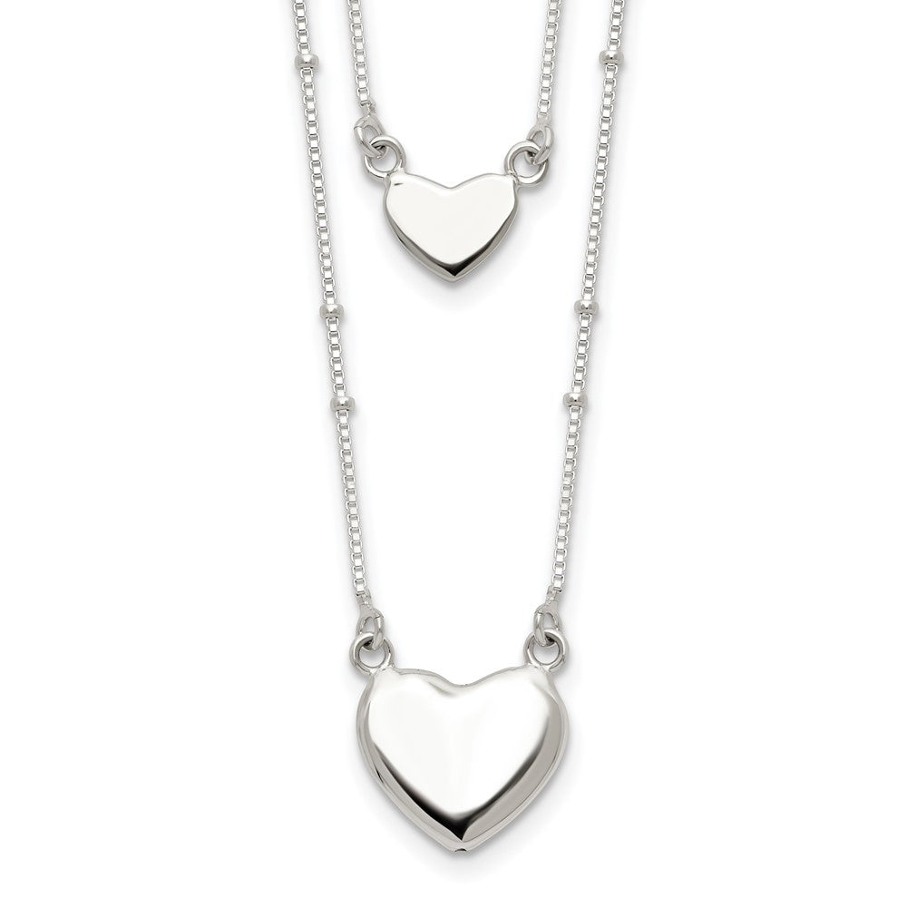Sterling Silver Polished 2-Strand Heart Dangle Necklace 18 Inches