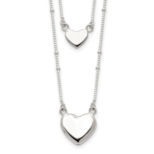Sterling Silver Polished 2-Strand Heart Dangle Necklace 18 Inches