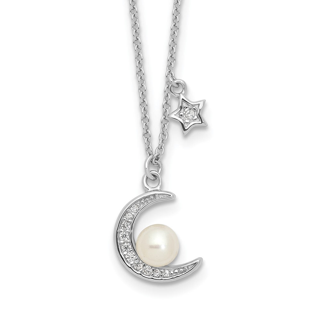 Sterling Silver Rhod-plated CZ and FWC Pearl Moon and Star 18in Necklace 18 Inches