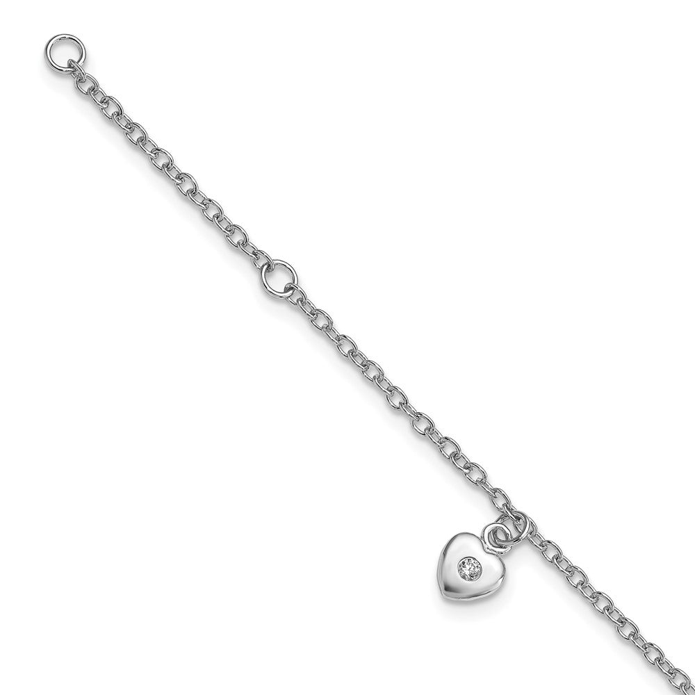 Sterling Silver RH-plated Polished CZ Heart w/ 1in ext. Children's Bracelet 6.5 inches