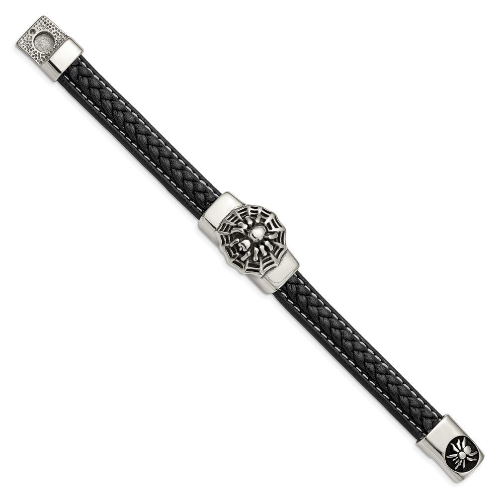 Stainless Steel Antiqued & Polished Spider Blk Faux Leather 8.5in Bracelet 8.5 inches