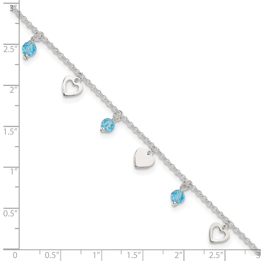 Sterling Silver 9 inch Heart and Blue Glass Plus1in ext. Anklet 9 inches