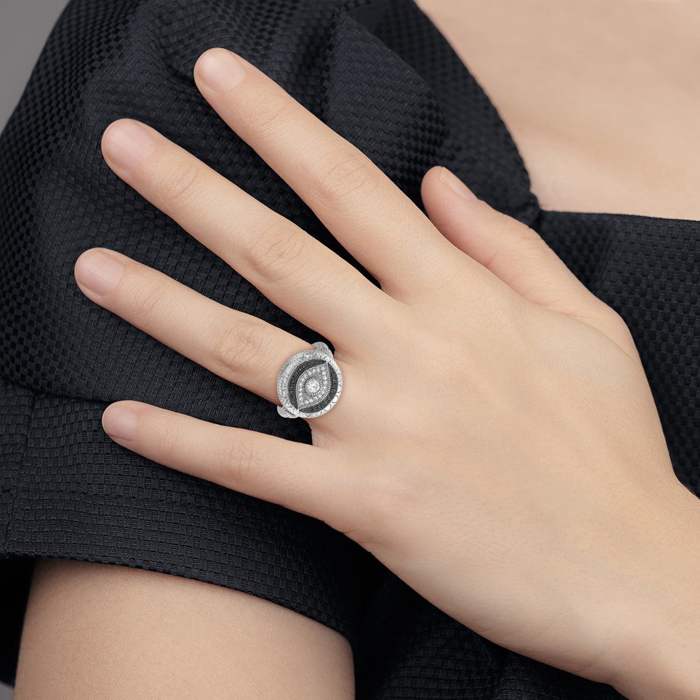 Sterling Silver Rhodium-plated Black and White CZ Evil Eye Ring