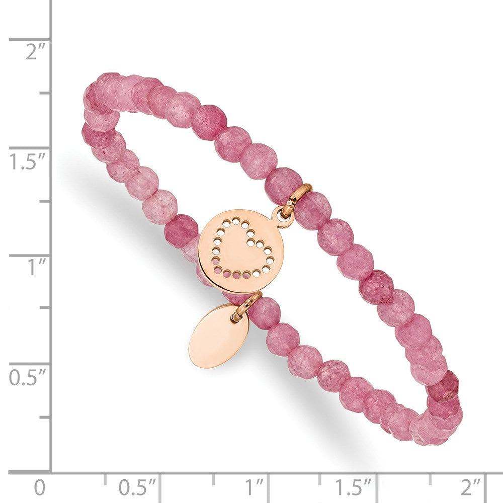 Stainless Steel Polished Rose IP-plated Heart Pink Jade Stretch Bracelet 6.5 inches