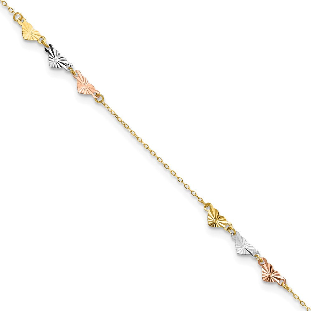 14K Tri-Color Diamond-cut Hearts 9in Plus 1in ext  Anklet 9 inches