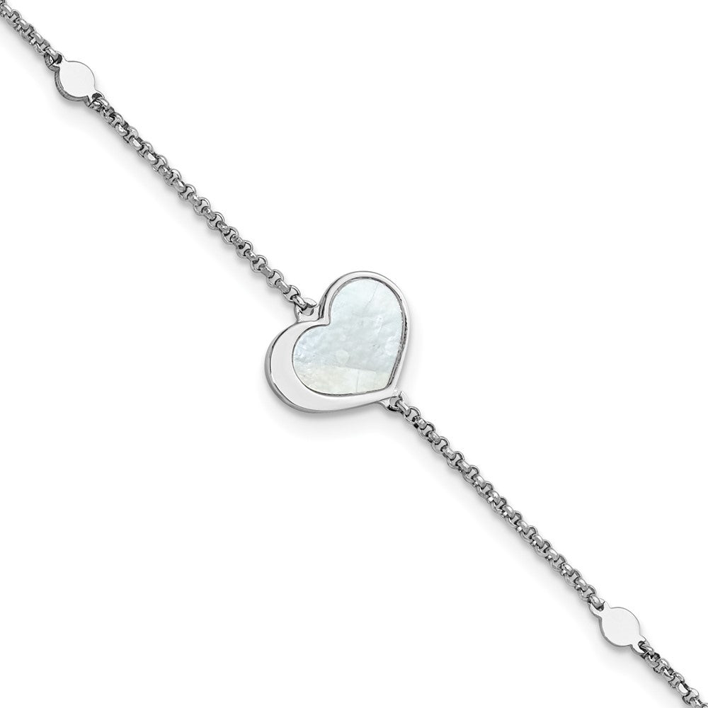 Sterling Silver Rhod-plated Mother of Pearl Heart 6.5in w/1in ext Bracelet 7.5 inches