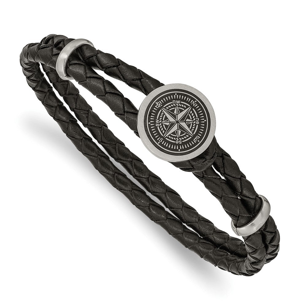 Stainless Steel Brushed Lasered Compass Black Leather 8.5in Bracelet 8.5 inches